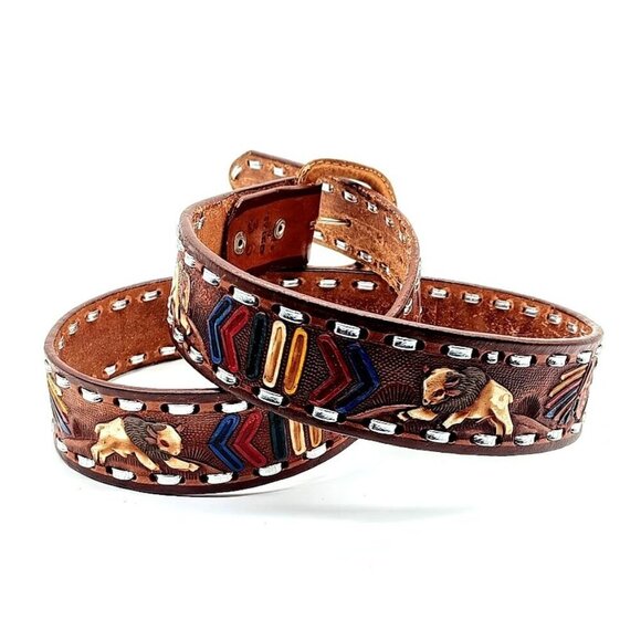 Mexican Silver Brown Hand-Tooled Painted Leather Belt - 36 - Picture 1 of 7